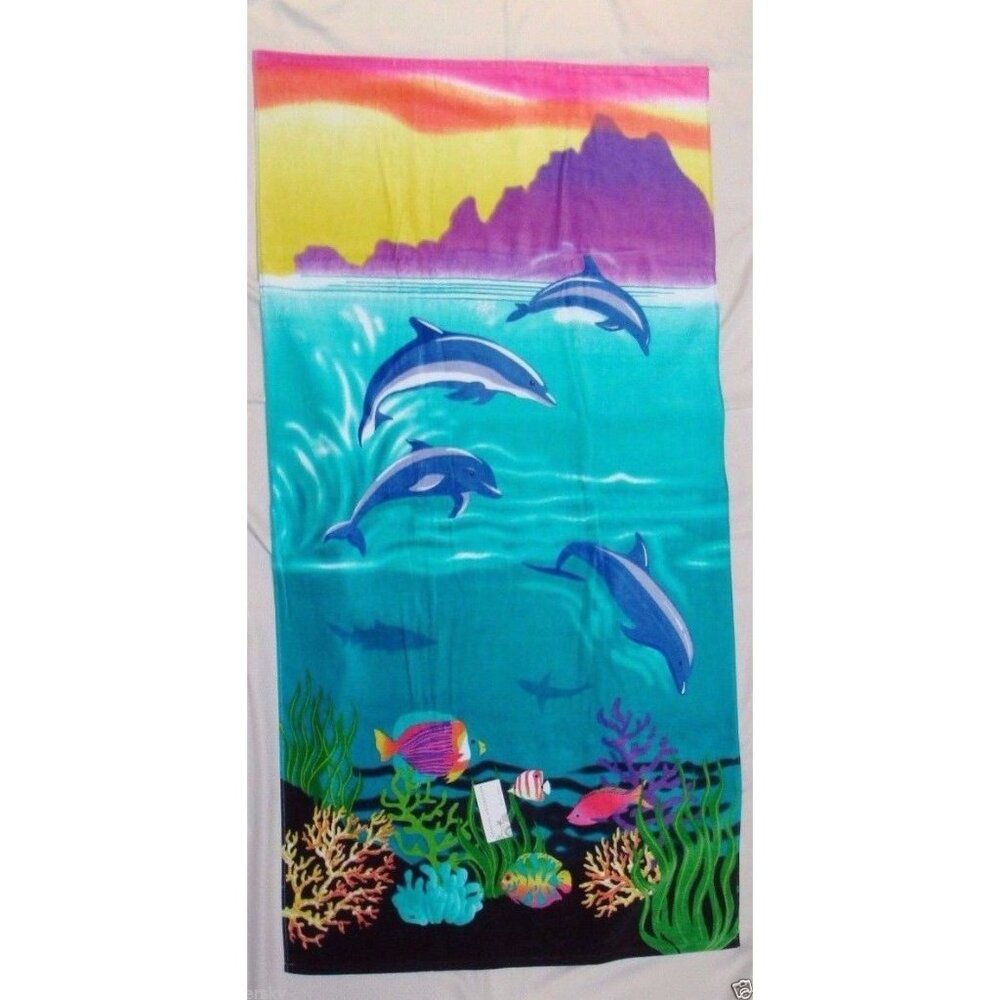 New Coastal Collection Beach Towel 36 x 70" Dolphins/Fish/Tropical Multi-Color